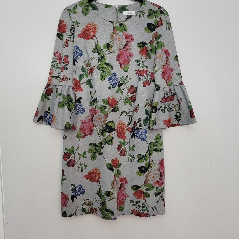 Calvin Klein Shift Dress 12 Gray Floral‎ Bell Sleeve Cottagecore Eclectic Boho